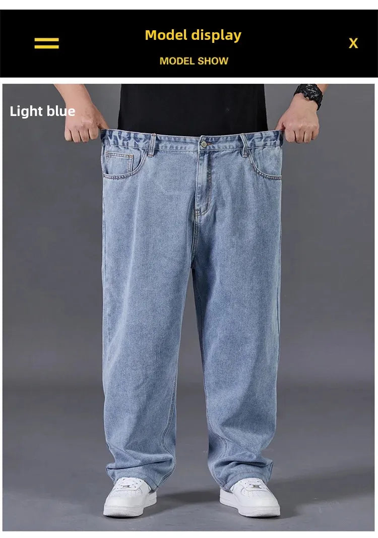 Plus Size Jeans Men's Autumn Loose-Fit Straight-Leg Casual Denim Pants Elastic Waist Wide-Leg Design For Plus Size Men.