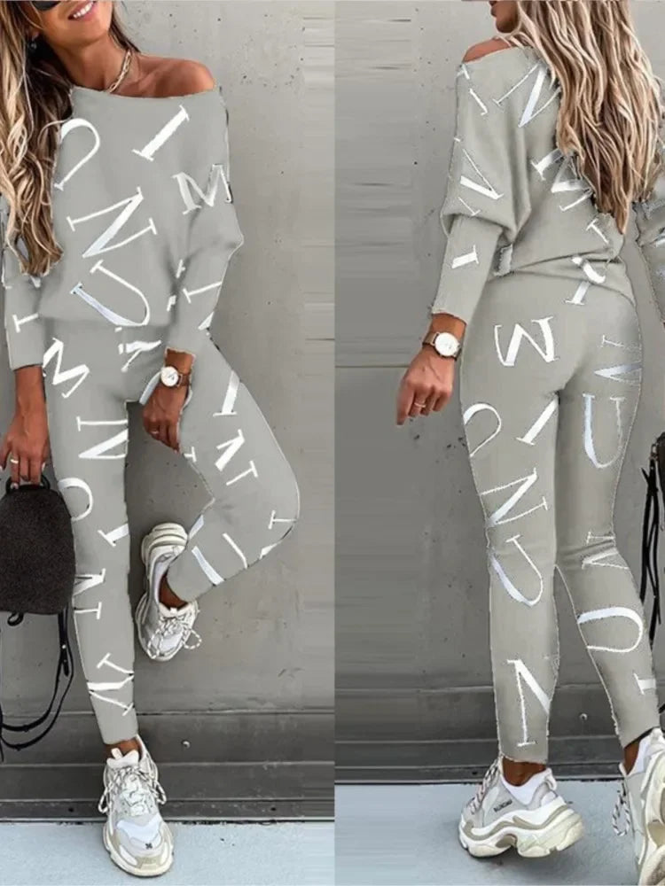 Autumn New Women's Fashion Letter Print Sexy Off Shoulder Long Sleeved Leggings Long Pants Casual Comfortable Two-piece Set.