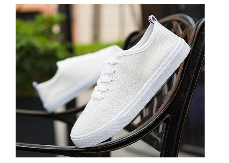 Men's Canvas Shoes Summer Breathable Lightweight Korean Style Shallow Mouth Loafers Non-slip Casual Lace Up Walking Sneakers.