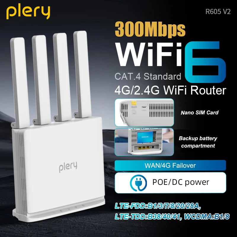 Plery 4G LTE Router 300Mbps WiFi6 Router Plug And Play 2.4G 3 RJ45 Ports 5000mAH Battery Backup For Home/Office/Travel.