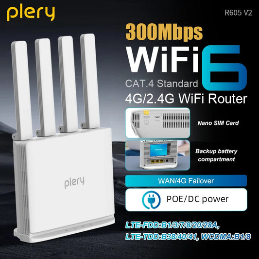 Plery 4G LTE Router 300Mbps WiFi6 Router Plug And Play 2.4G 3 RJ45 Ports 5000mAH Battery Backup For Home/Office/Travel.