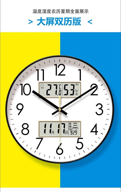 2025, neue 10/12/14 Zoll Temperatur und Luftfeuchtigkeit, elektronischer Kalender, multifunktionale Wanduhr, Dual-Display, stummgeschaltete Quarzuhren