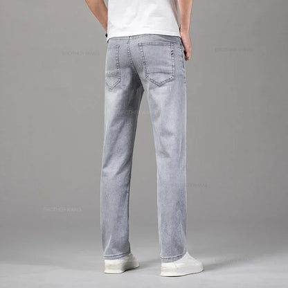 Summer Thin Men's Elastic Cotton Jeans Fashion Gray Comfortable Business Straight Casual Pants Brand Male Clothes Trousers.