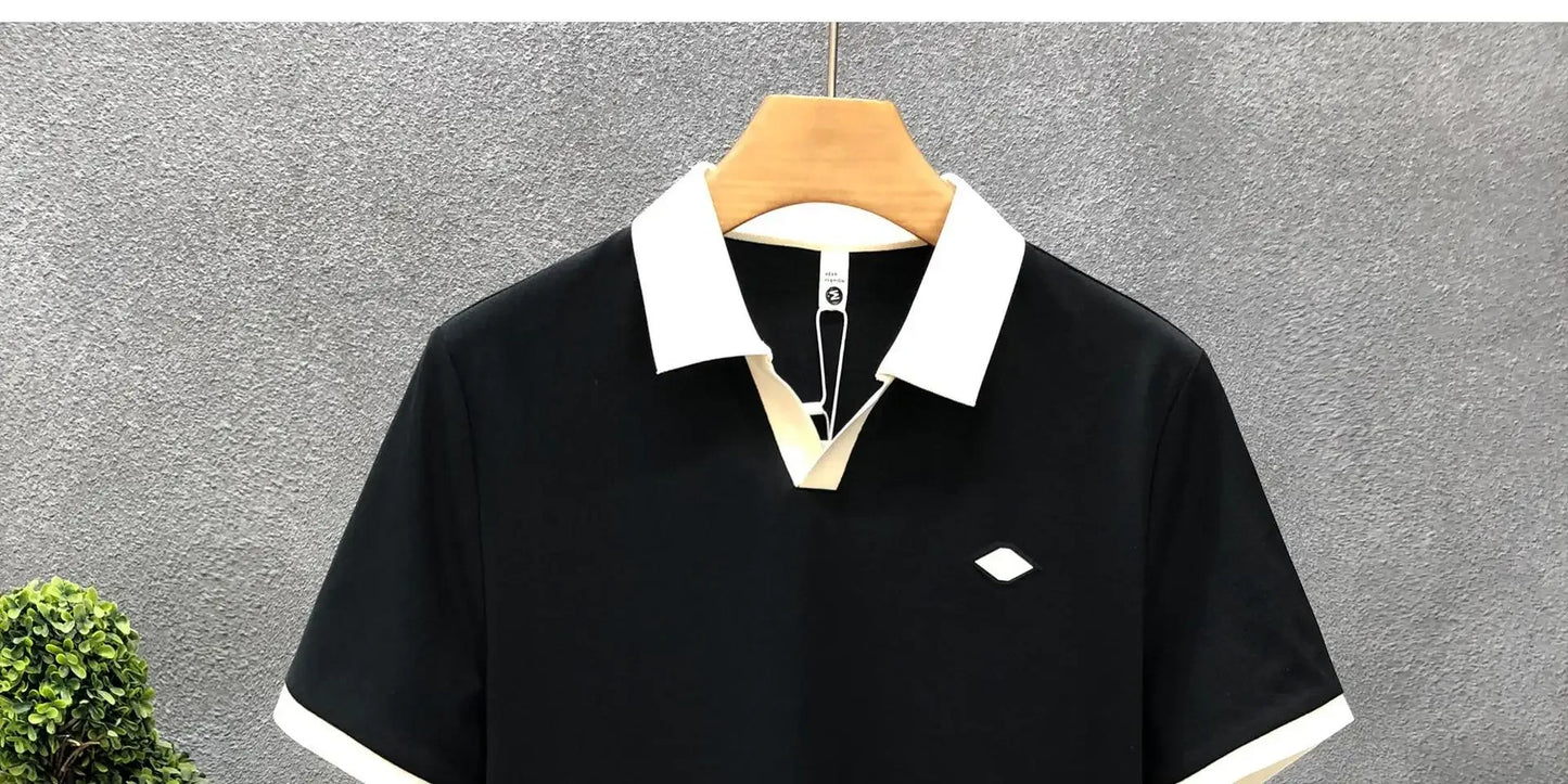 Men's Casual Polo Shirt Collared Short Sleeve Pique Cotton Breathable V-Neck Color Block Half Sleeve Summer Loose Top