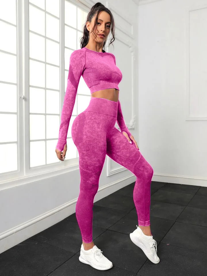 Mileegirl 2pcs Gym Sets Women Seamless Sports Pants Hollow Out Long sleeves Top Fitness Winter Fall Workout Legging Warm Outifts.
