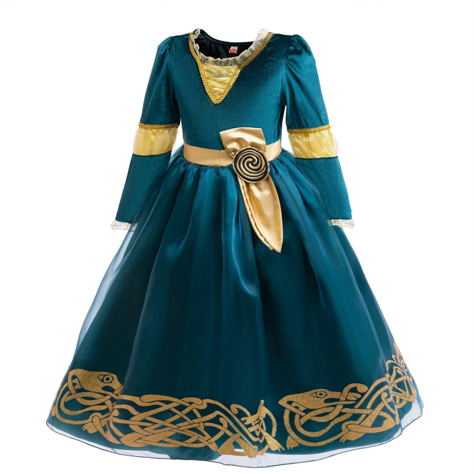 Girls Merida Cosplay Princess Dress Children Stage Performance Clothes Kids Halloween Carnival Party Long Sleeves Outfits.