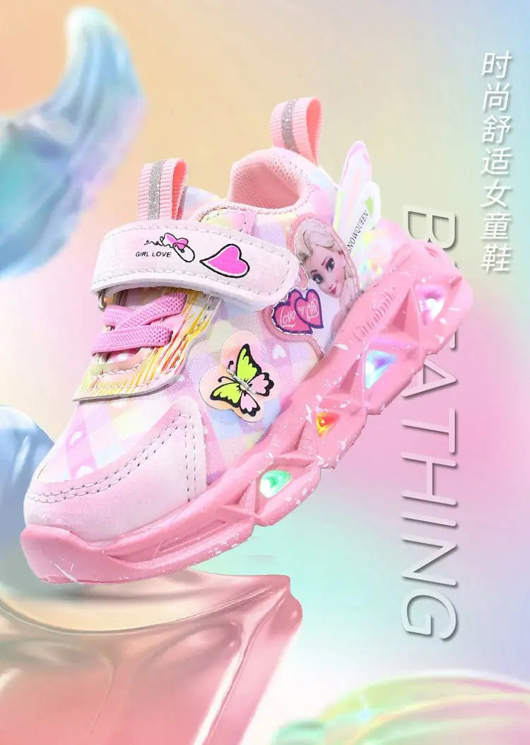 Disney LED Casual Sneakers For Spring Girls Frozen Elsa Princess Print Pu Leather Shoes Children Lighted Non-slip Pink Purple.