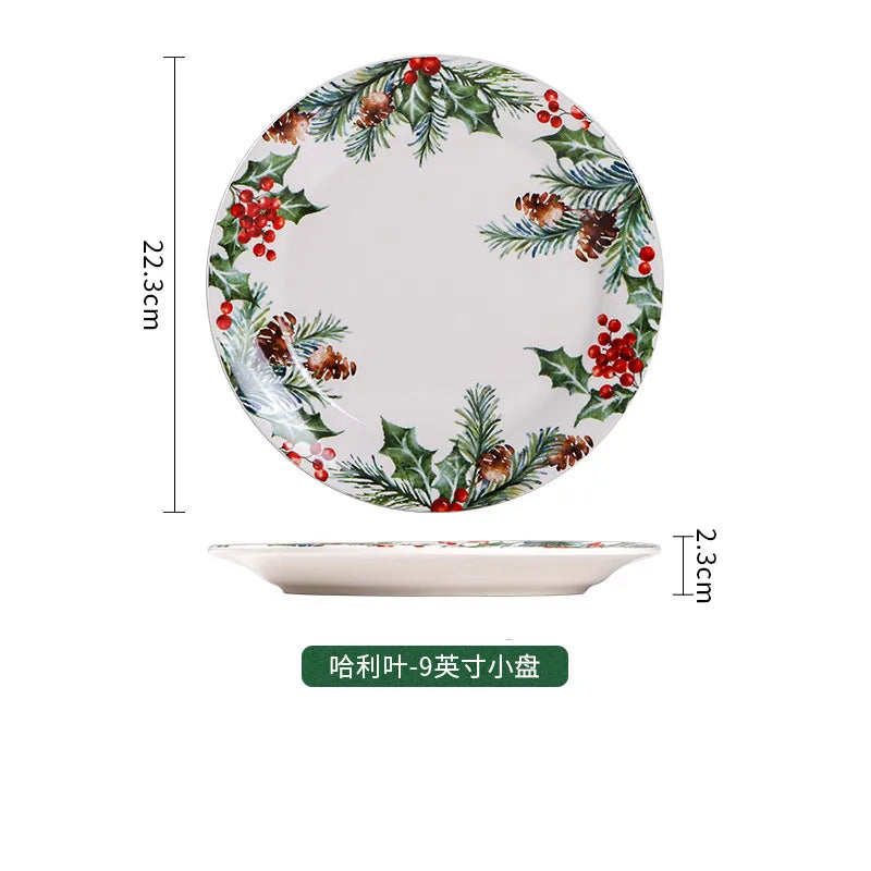 1PC Creative Kitchen Ceramic Plates Exquisite Christmas Tableware Steak Pasta Salad Plates High-quality Ceramic Dinner Plates.