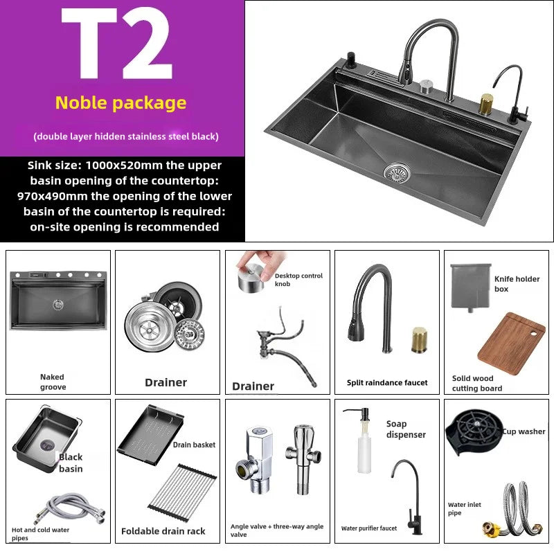 Wasserfall-Küchenspüle aus Edelstahl, extra groß, mit einem Schlitz, multifunktionale Geschirrspülbecken, Unterbaubecken, Tassenwascher