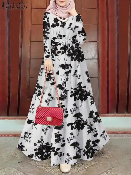 Zanzea Blumen druck böhmischen Maxi kleid Frauen Mode Langarm o Hals abgestufte Vestidos islamische muslimische Gürtel Abaya lange Roben.