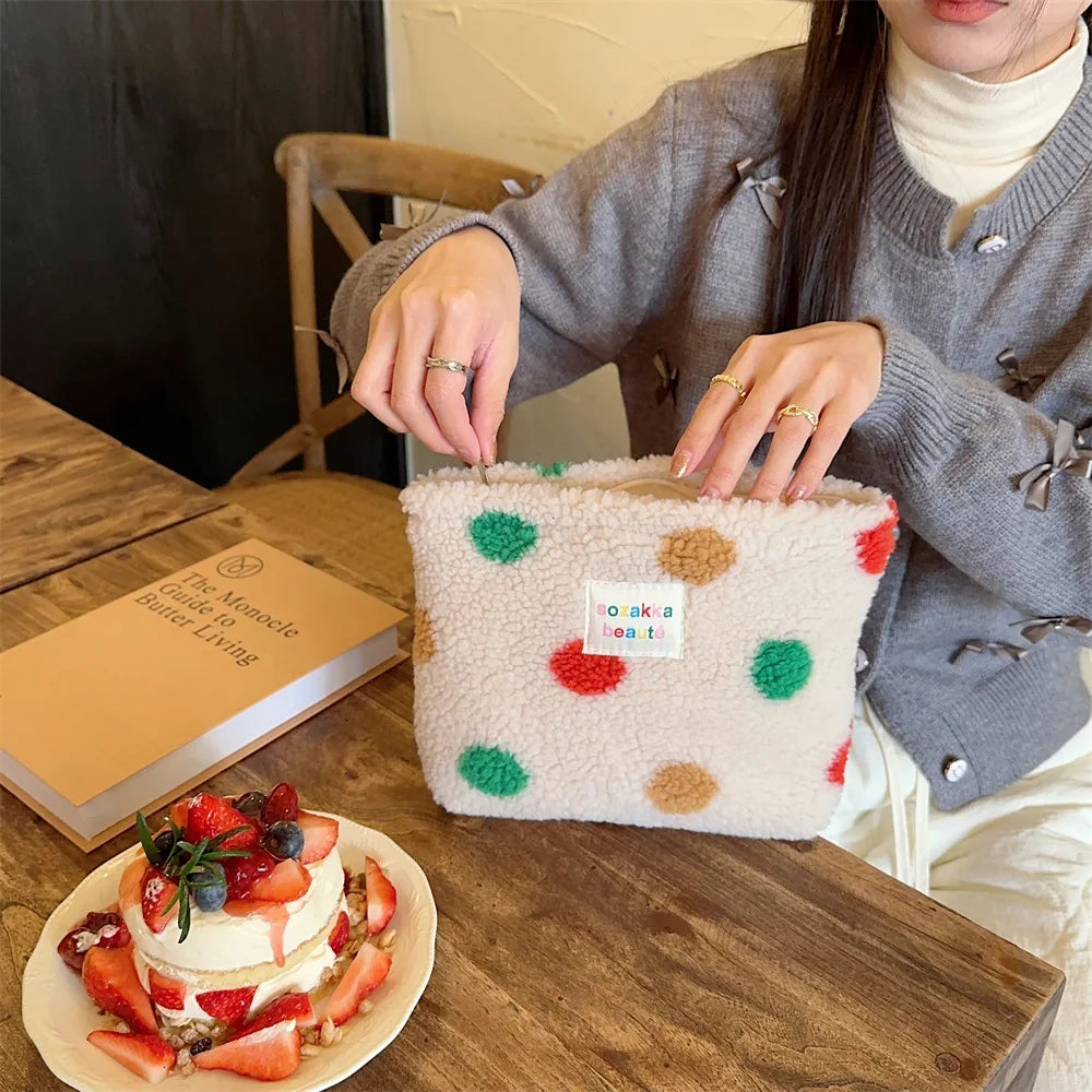 New Colorful Striped Dot Plush Clutch Cosmetic Bag Large Capacity Makeup Pouch Toiletries Bag Travel Outdoor Makeup Storage.