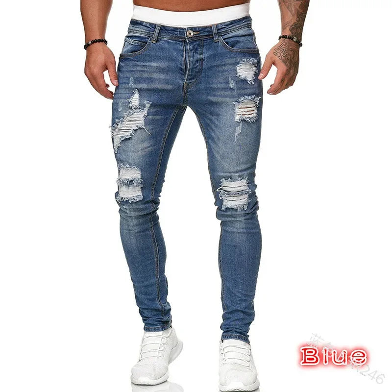 Zerrissene mittlere Taille Slim Fit Herren Jeans Vintage Denim Punk Wash Solid Punk Style Skinny Bleistifthose Distressed Holes Knöchellänge.
