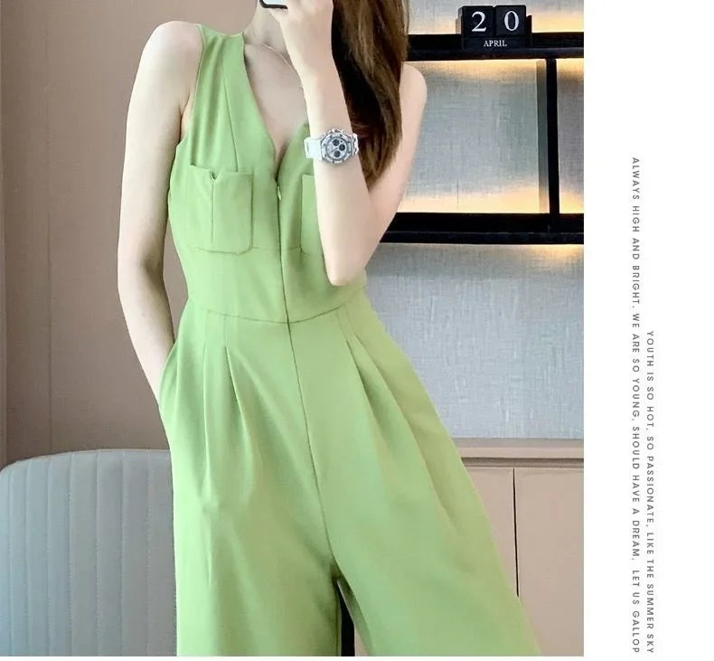Women's Wide Leg Jumpsuit Pants 2025 Summer New Casual Straight Tube Sports Overalls V-neck Sleeveless Bodysuit For Women Romper.