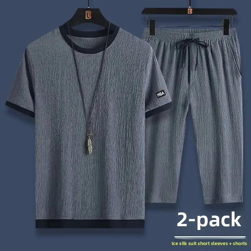 Summer Casual Ice Silk Short Sleeve T-Shirt Shorts Set for Men Fashionable Two-Piece Outfit Lightweight Sportswear Combo