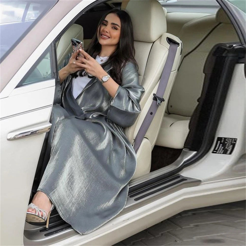 Ramadan Dubai Pink Satin Modest Open Butterfly Batwing Kimono Abaya Cardigan Islam Muslim Dress For Women Kebaya Robe Musulmane