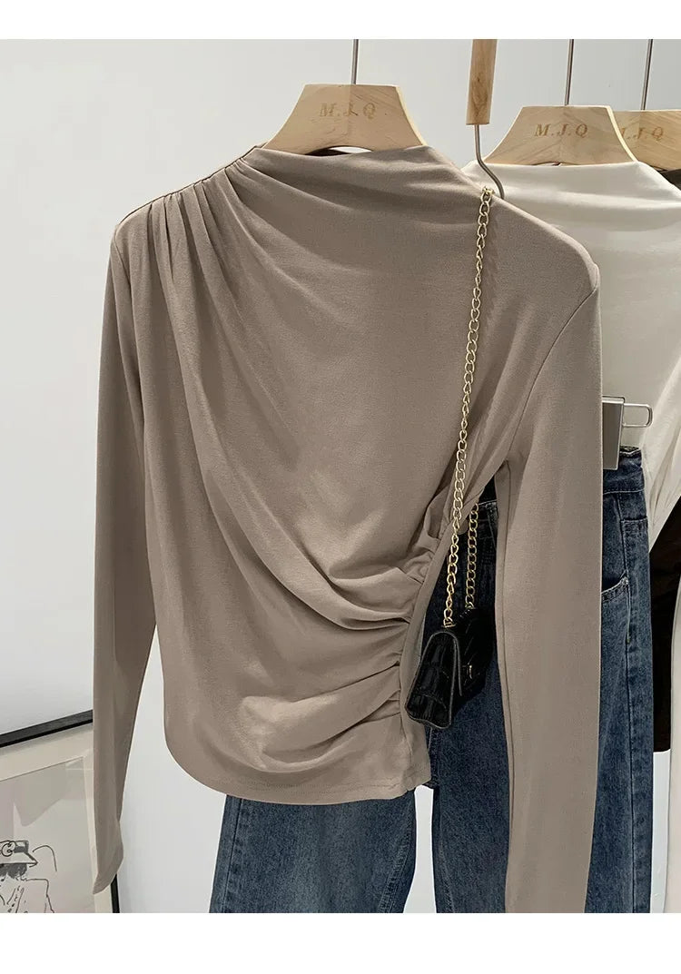 Early Autumn Pure Color High Neck Pleated Slim Fit Sexy Base Shirt Women's Fashionable Crew Neck T-shirt Full Sleeve China Origi