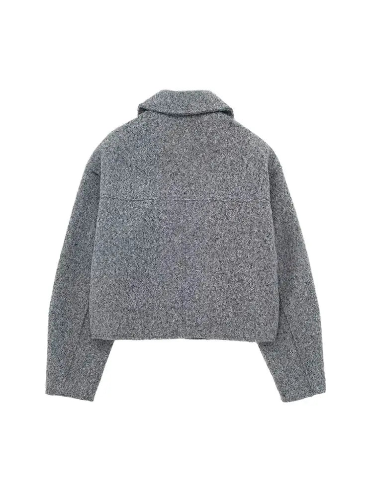 TRZA Frauen Mode Patch Taschen Mit Klappen Abgeschnitten Jacke Mantel Vintage Langarm Front Zipper Weibliche Oberbekleidung Chic Tops.