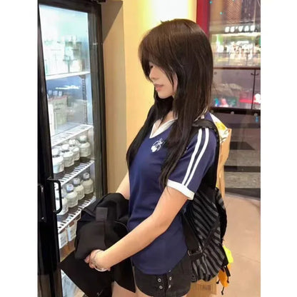 Fashionable Contrast Color Embroidery Polo Neck Short Sleeve Women's T-shirt Slimming Top College Style Spicy Girl Tee.