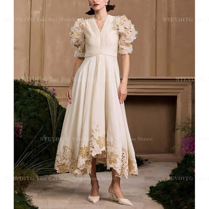 Klassisches Ballkleid mit V-Ausschnitt und halben Ärmeln, modische Applikationen, Tee-Länge, A-Linien-Kleid, Cocktailparty, Stern, roter Teppich, Damenkleid.