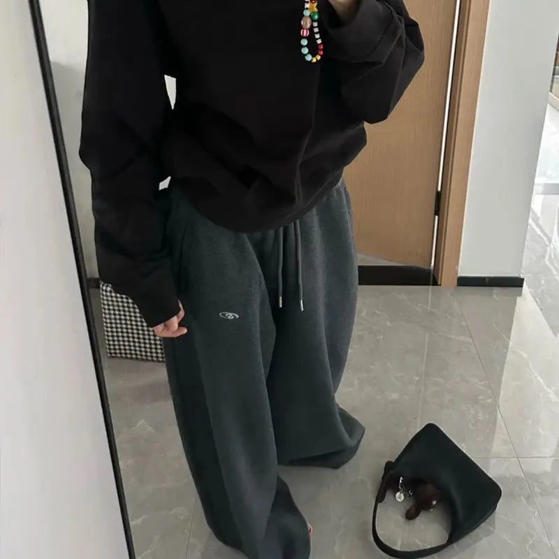 Oversize Cotton Pants Woman Y2K Casual Drawstring Trousers Korean Streetwear High Waist All Match Jogger Pants Grey Sweatpants.