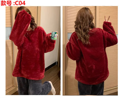 Winter Fleece Women Pajamas Set  Sleepwear Solid Velvet 2 Piece Pant Home Suit Fluffy Casual Warm Flannel Night Wear