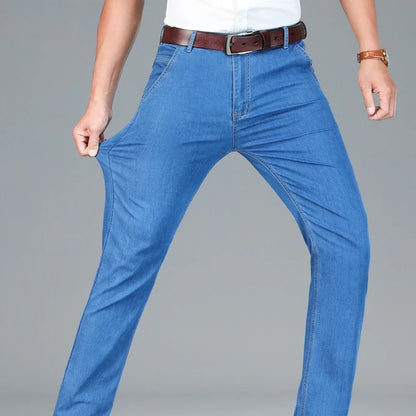 Men's Ice Silk Jeans Summer New Lyocell Thin Business Casual Denim Pants Classic All Match Slim Fit Straight Elastic Jean Male.