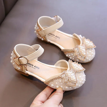 Girls Party Shoes Elegant Rhinestone Fashion Children's Leather Shoes Versatile Sweet Kids Princess Wedding Dress Flats Sandals