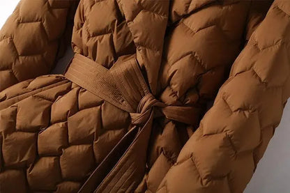 Leichte Daunen jacke mit Gürtel Frauen eleganter Krawatten gürtel lange Baumwolle weiße Ente Daunen Parka weibliche Damen Jacken Winter neu 2024.