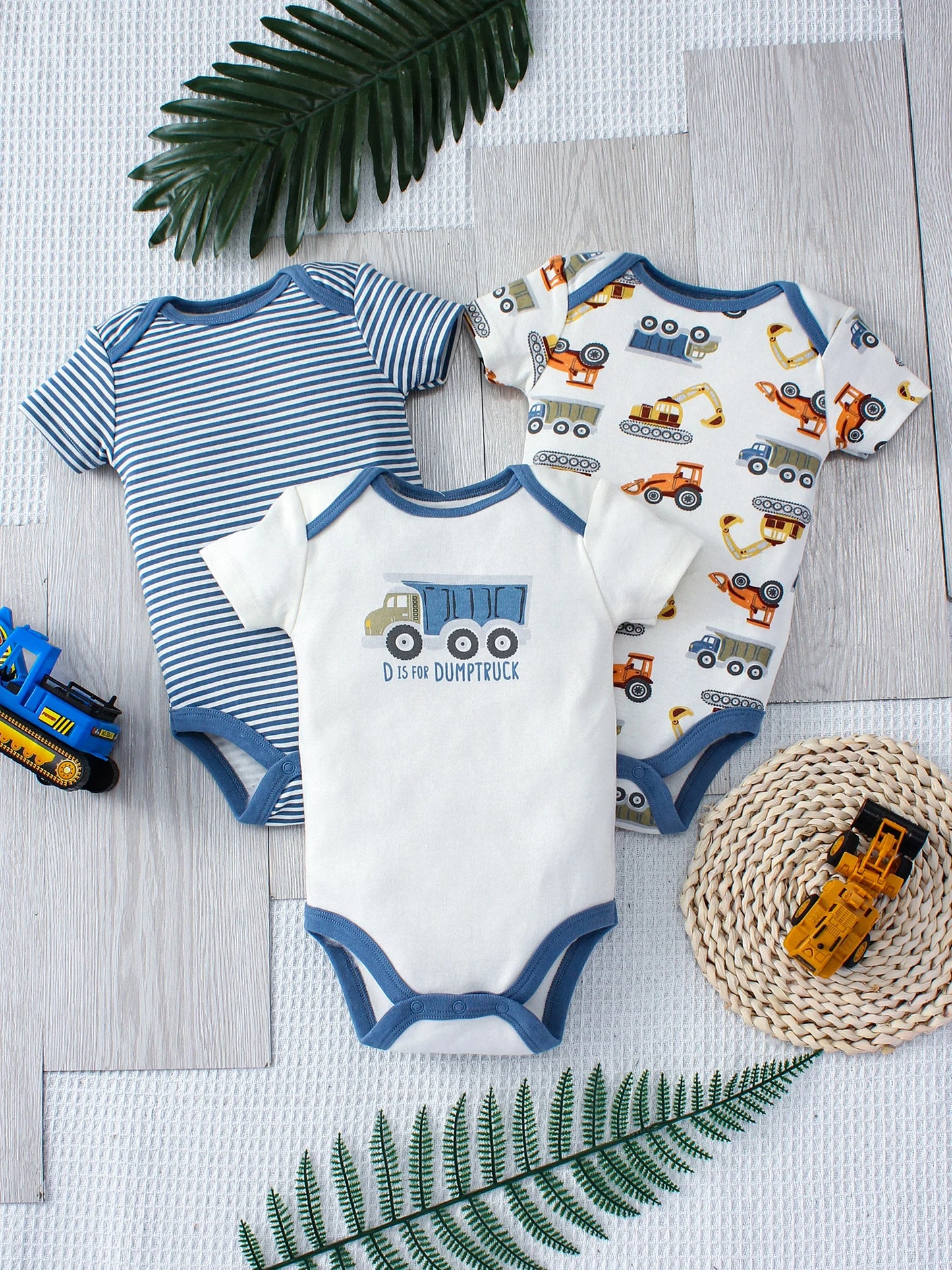 3PCS Sommer Jungen Baby Body Drei stück Set Cartoon Lkw und Streifen Muster Kurzarm Taste Design Dreieck body.