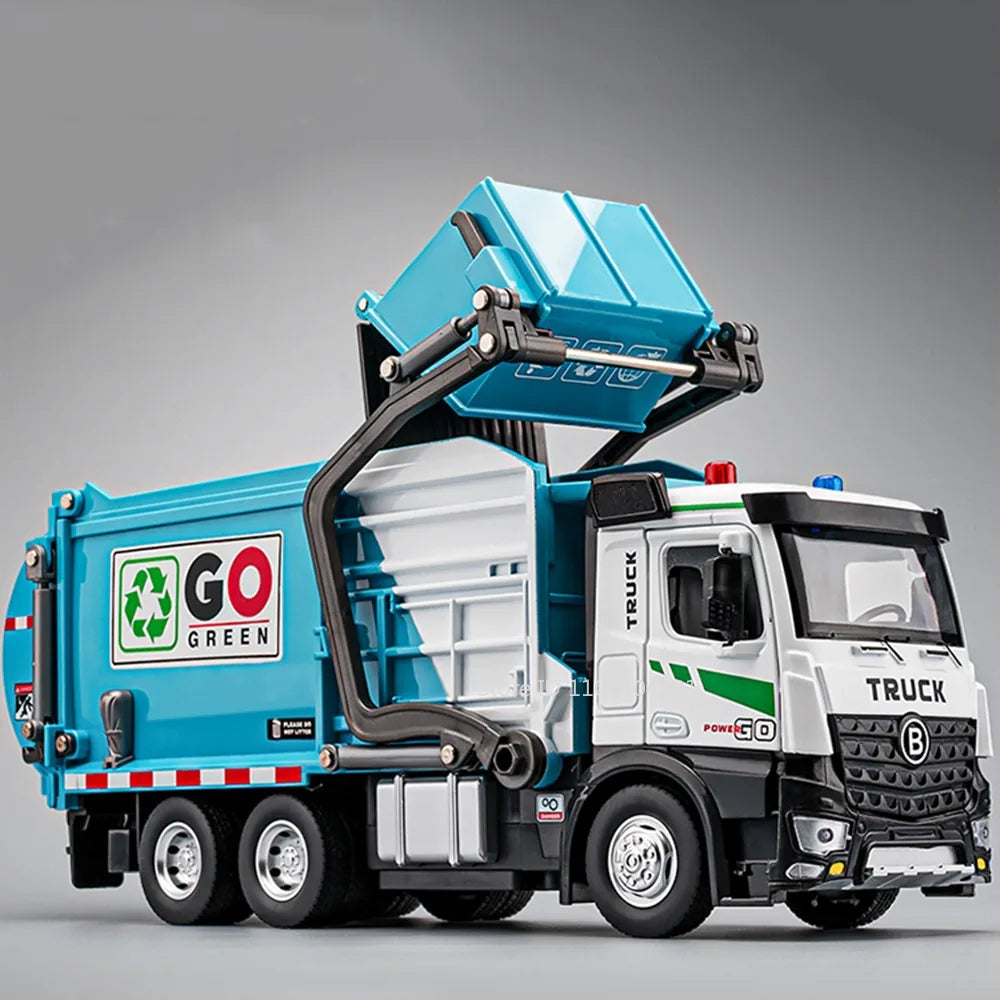 1:18 Electric Sanitation Garbage Truck Toy Cars Model Alloy Water Tanker Diecast Light Sound Vehicle Children's Educational Toys.