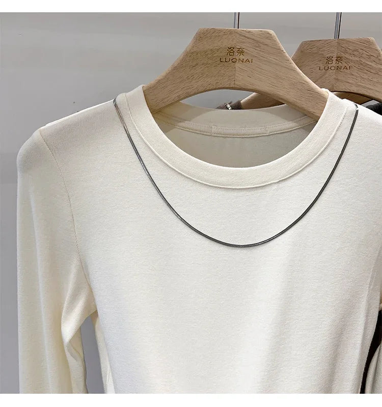 Women Trendy Chain Link Autumn Fashion Slim Fit Cropped T-shirts 2025 Long Sleeve T-shirt Solid Simple Base Layer Crop Tops.