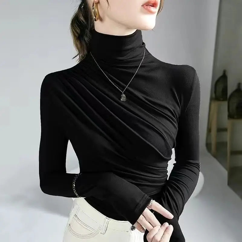 Simplicity Office Lady Autumn/Winter Women's Solid Turtleneck Pleated Temperament Fashion Slim Long Sleeve Bottoming Shirt Tops