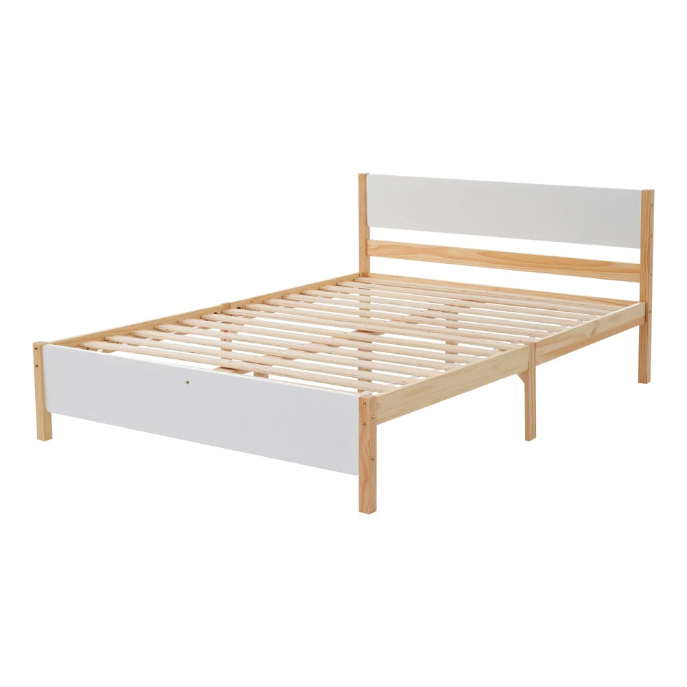 Holzbett Doppelbett 140x200cm, Kiefernholzrahmen mit Mittelfuß, Jugendbett mit Kopf und Fußteil aus MDF,Weiß+Natur,ohne Matratze