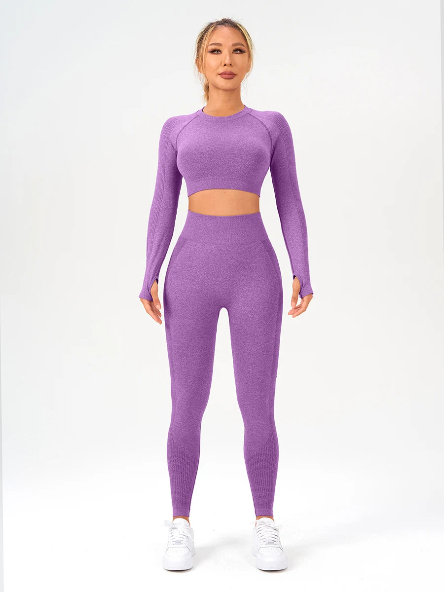 2 pcs/set Long Sleeve Yoga Leggings Set Sportswear Woman Gym Seamless Workout Outfit Yoga Clothes Womens Tracksuit Activewear.