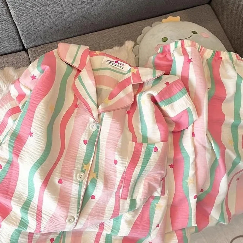 Autumn and Winter Pajamas Women Long Sleeve Pants Cardigan Sweet Print Cartoon Student Plus Size Loungewear Two-Piece Set.