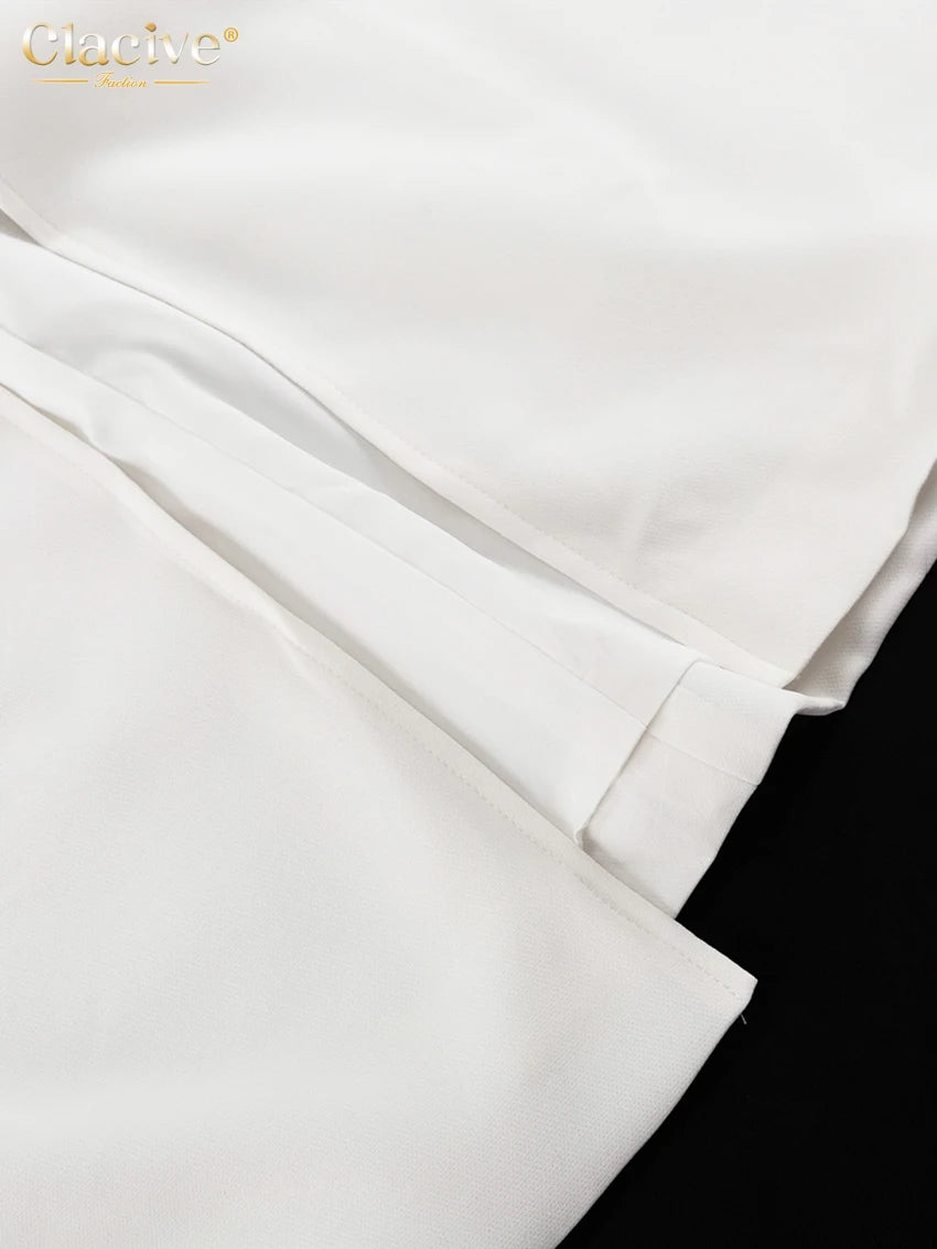 Clacive Sexy schlankes weißes Damenkleid 2025, modisches V-Ausschnitt, lange Ärmel, knöchellanges Kleid, elegantes, klassisches, geschlitztes Damenkleid.