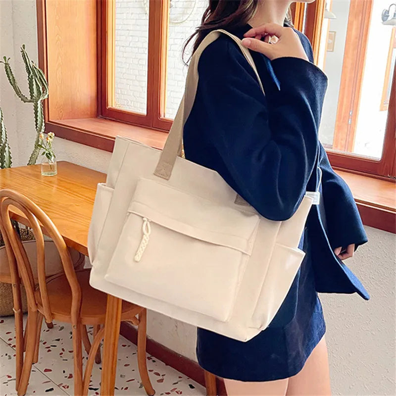 Nylon Tote Bag with Multiple Pocket Lightweight Foldable Design for Office Commute Shopping Fitness Storage Handbag Shoulder Bag.