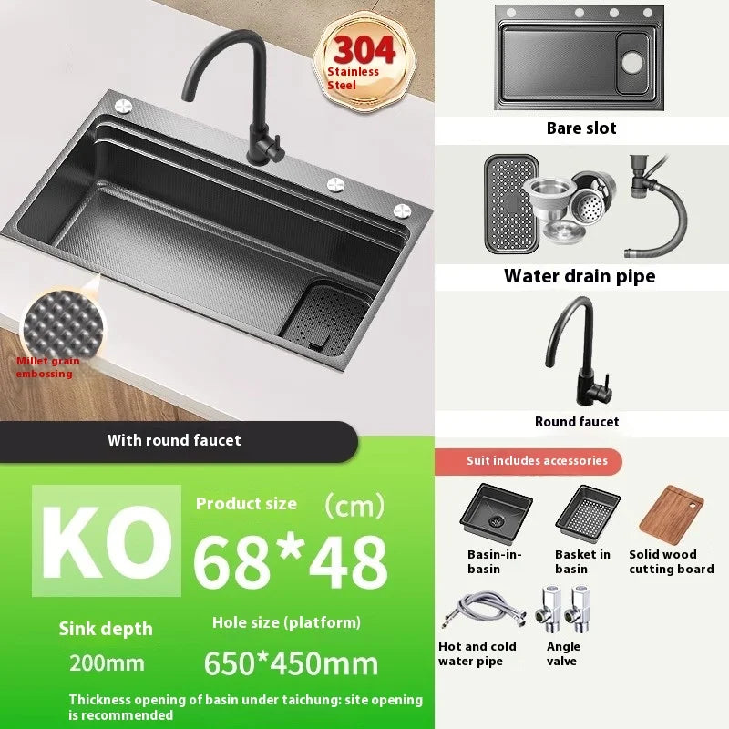 Stainless steel Kitchen Sink Thick Embossed Large Single Slot vegetable washbasin Dishwashing Sink Undermount Basin