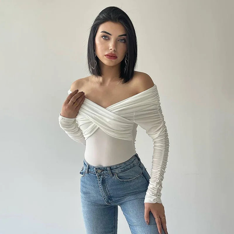 Cryptographic Fashion Ruched Sexy Backless Wrap Bodysuit Elegant Off Shoulder Slim Long Sleeve White Tops One Piece Skinny Fall.