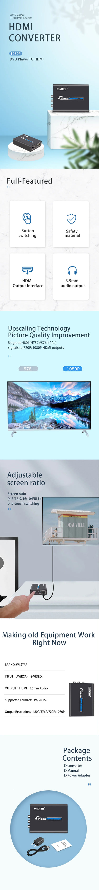 Wiistar AV+S-VIDEO to HDMI Converter 1080P/720P HD Video Adapter for DVD/PS2/WII/XBOX360 with Audio Output & Aspect Ratio Switch.