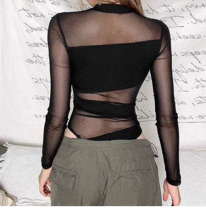 Spring Summer New Fashion Cut Cross Hollow Mesh Jumpsuit Long-Sleeved Thin O Neck Diagonal Black Charming Bodysuit Clubwear.