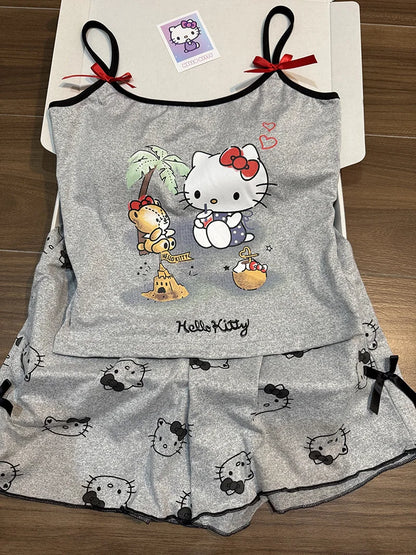 Hello Kitty Pyjama-Set für Damen, niedliche Nachtwäsche, Cartoon, ärmellos, Tank-Top, Shorts, Zuhause, Sommer, gemütliche Loungewear, Geschenk für Mädchen, Sanrio.