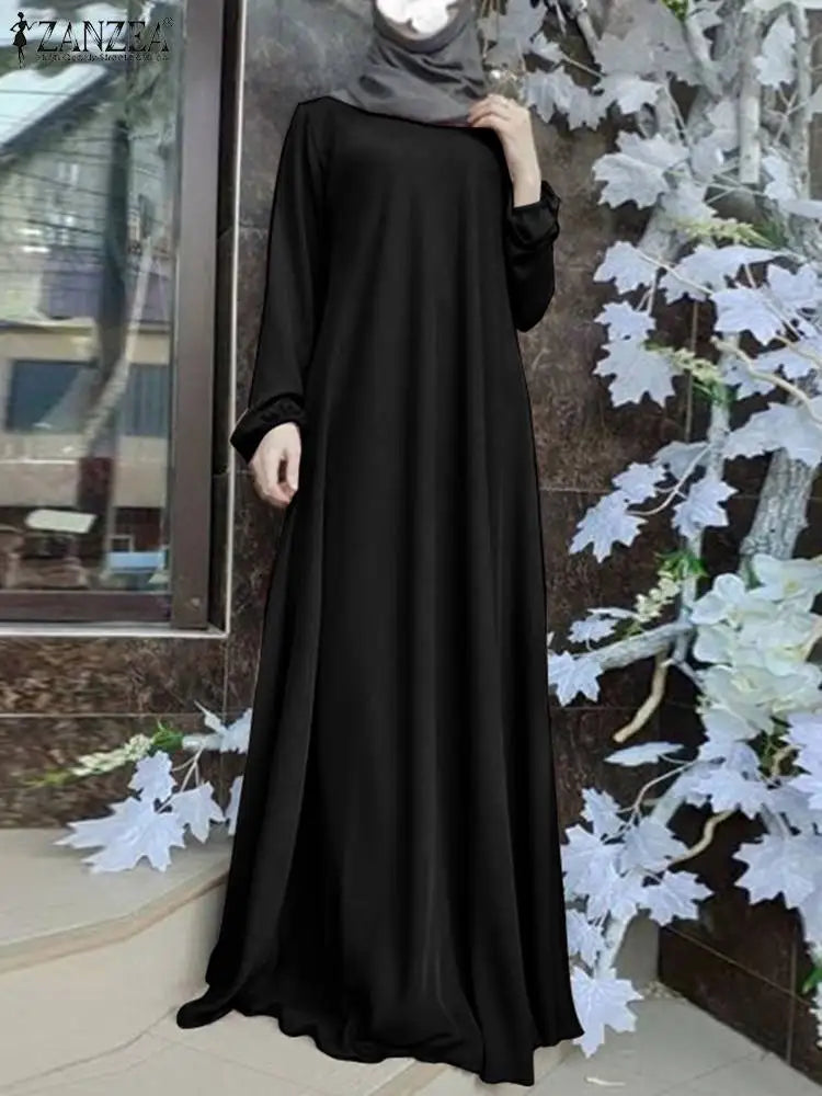 ZANZEA Muslim Women Summer Abaya Sundress Solid Islamic Clothing Marocain Vestido Robe Femme Fashion Long Sleeve Kaftan Dress.