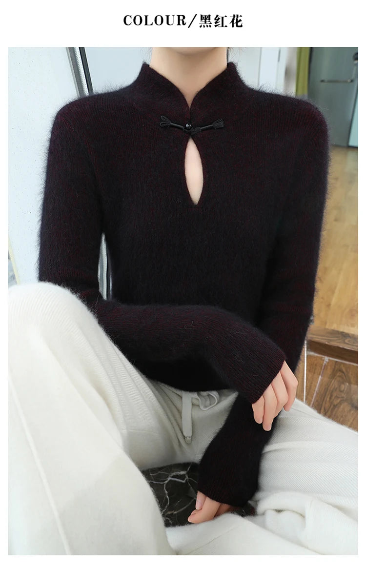 2024 autumn winter new 100% mink cashmere sweater women's pullover slim-fit long sleeve solid color stand collar bottom knitwear