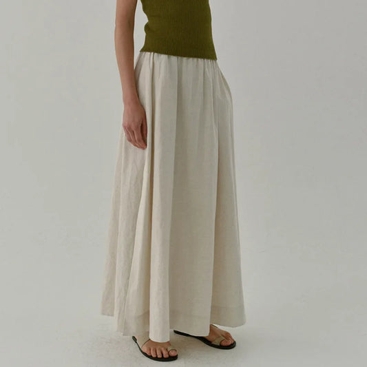 Chic Side Split Vintage Linen Skirt Women's Solid Color Cotton And Linen Summer New Double Pockets A-Line Elastic Waist Skirts.