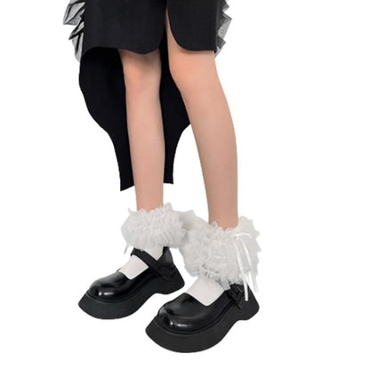 Women Lolita Transparent Mesh Crew Socks Sweet Ruffled Lace Trim Bowknot Cute Love Heart Pattern Anime Princess Hosiery