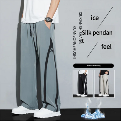 2025 Summer Ice Silk Casual Pants Boys Casual Peplum Pants Handsome Straight Colorblocking Sports Pants.