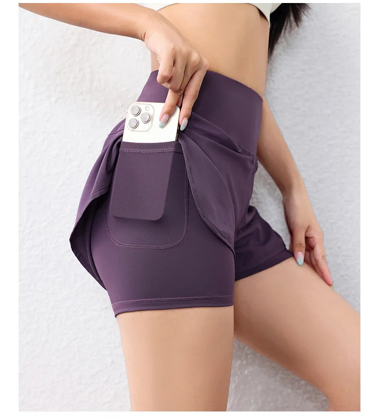 quick-drying women's running shorts sports layer elastic waist active sports shorts with pockets yoga shorts.