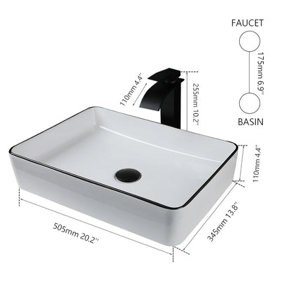 JIENI Keramik-Badezimmer-Waschbecken-Set, quadratisch, Porzellan, Arbeitsplatte, Waschbecken, Wasserhahn, Pop-Up-Abfluss, kombiniertes modernes Waschbecken-Set