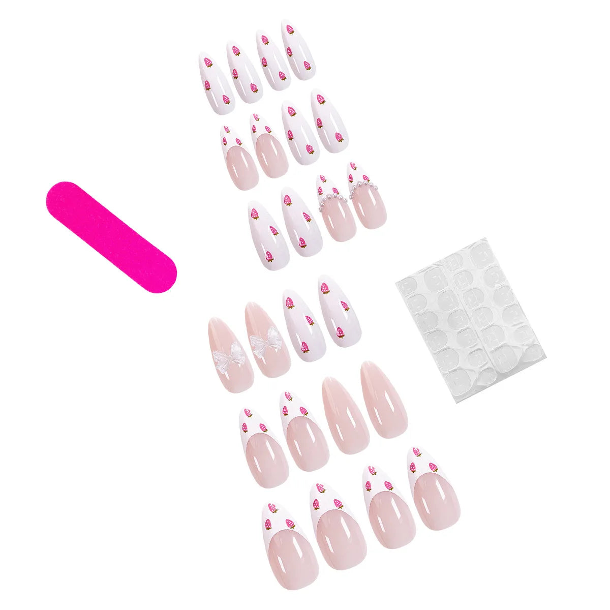 24Pcs Almond False Nails Cute Strawberries with French Design Simple White Wearable Fake Nails Decoration Press on Nail Tips Art.